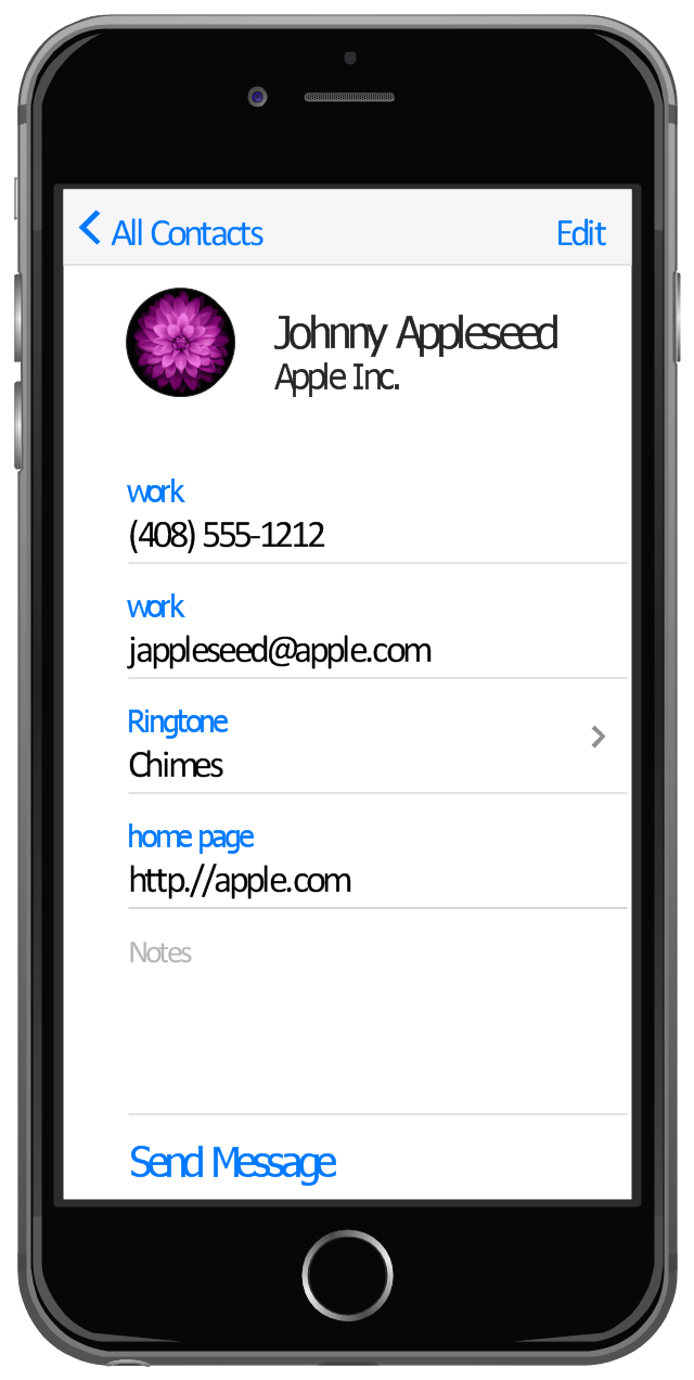 iPhone screen - Contact Card, text view, table view, navigation bar, menu bar, iPhone 6, chevron, disclosure indicator, >, button text label, back button,