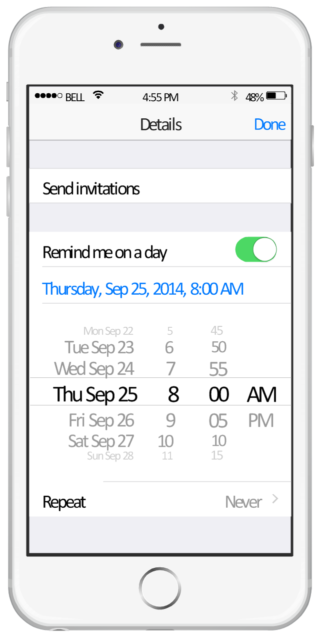 iPhone screen - Reminders, wifi icon, toolbar, table view cell, table view, switch on, status bar, iPhone 6, date picker, button text label, bluetooth icon,