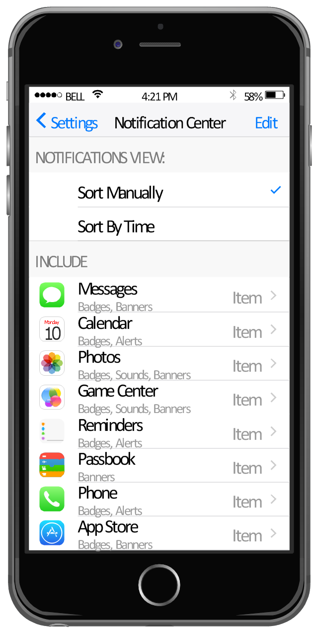 iPhone screen - Settings - Included Apps, wifi icon, toolbar, table view cell, table view, status bar, navigation bar, menu bar, iPhone 6, checkmark, check, bluetooth icon, back button, Reminders icon, Photos icon, Phone icon, Passbook icon, Messages icon, Game Center icon, Calendar icon, App Store icon,