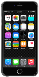 iPhone home screen with app icons, wifi icon, page control, iTunes Store icon, iPhone 6, iBooks icon, bluetooth icon, Weather icon, Videos icon, Stocks icon, Settings icon, Safari icon, Reminders icon, Photos icon, Passbook icon, Notes icon, Newsstand icon, Music icon, Messages icon, Maps icon, Mail icon, Health icon, Camera icon, Calendar icon, App Store icon,