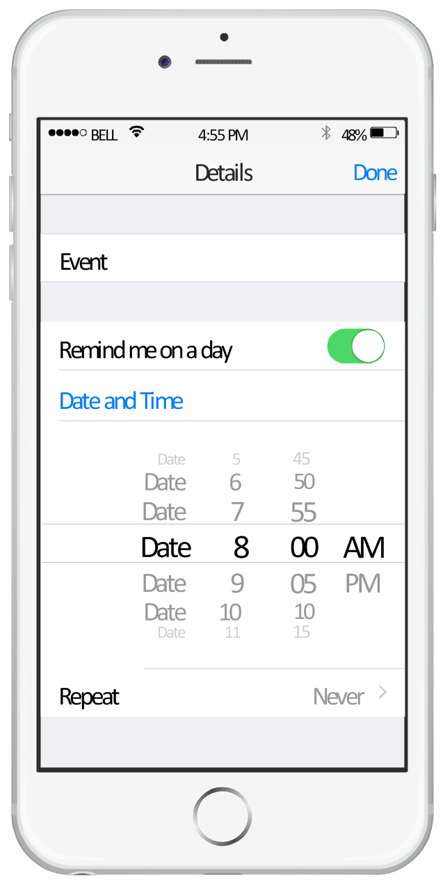 iPhone screen template - Reminders, wifi icon, toolbar, table view cell, table view, switch on, status bar, iPhone 6, date picker, button text label, bluetooth icon,