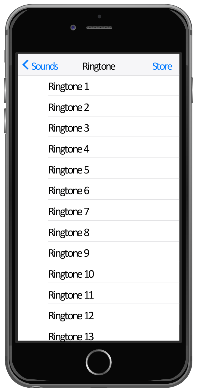 iPhone screen template - Settings - Ringtone, table view cell, table view, navigation bar, menu bar, iPhone 6, back button,