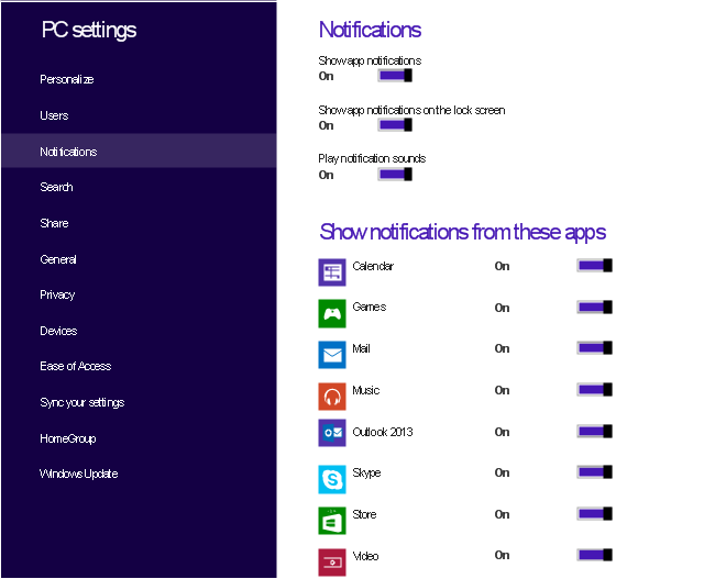 Notifications screen, toggle switch, text label, switch label, list item, Video icon, Store icon, Skype icon, Outlook 2013 icon, Music icon, Mail icon, Games icon, Calendar icon, App bar,