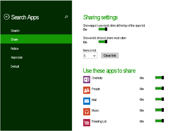 Sharing settings screen, toggle switch, text label, switch label, search icon, push button, previous icon, list item, editing text box, chevron, Reading List icon, People icon, OneNote icon, Music icon, Mail icon, App bar,