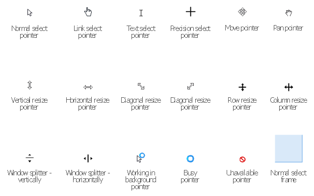Interaction icons, working in background pointer, window splitter, vertical resize pointer, unavailable pointer, text select pointer, row resize pointer, precision select pointer, pan pointer, normal select pointer, normal select frame, move pointer, link select pointer, horizontal resize pointer, diagonal resize pointer, column resize pointer, busy pointer,