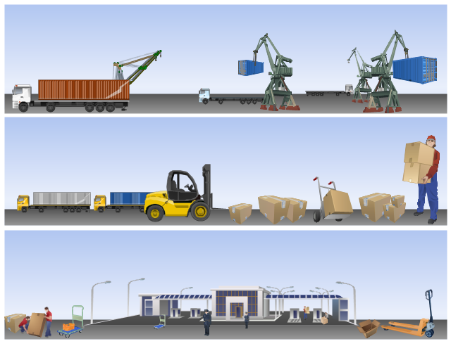 Vector illustration, trailer, container, trailer, ship, crane, packing, loading workmen, loading workman, warehouse worker, harbour crane, forklift cart, pallet truck, delivery, sack truck, hand truck cart, customs officer, crate, container, cart, cardboard, box, cardboard box, bucket loader, loader, border, border point,