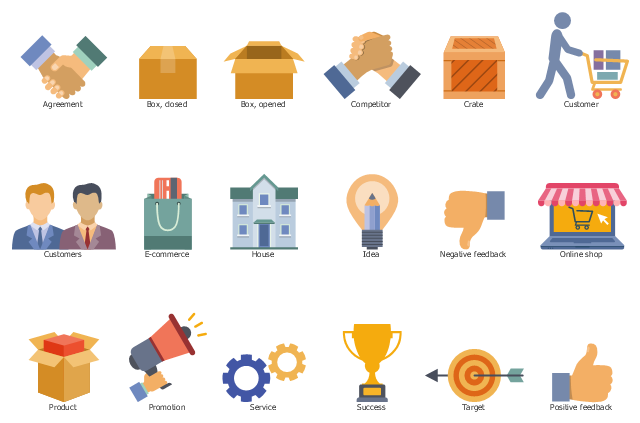 Icon set, target, success, service, promotion, product, positive feedback, thumbs up, online shop, negative feedback, thumbs down, idea, house, e-commerce, customers, customer, credit card, crate, competitor, box opened, box closed, agreement,