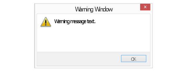 Warning message 2, warning message, normal text, icon overlay, default command button, command area, close window button,
