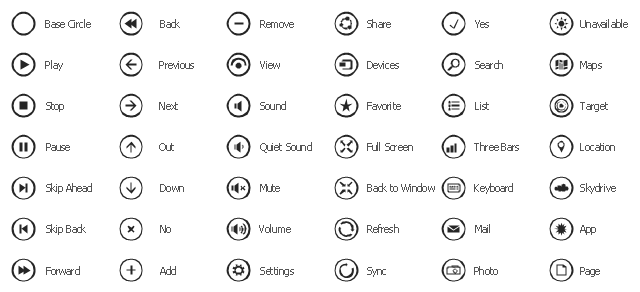 UI round icons, yes icon, volume icon, view icon, unavailable icon, target icon, sync icon, stop icon, skip back icon, skip ahead icon, share icon, search icon, remove icon, refresh icon, quiet sound icon, previous icon, play icon, pause icon, page icon, out icon, no icon, next icon, mute icon, mail icon, list icon, keyboard icon, full screen icon, forward icon, favorite icon, down icon, devices icon, back to window icon, back icon, add icon, Three Bars icon, Sound icon, SkyDrive icon, Settings icon, Photo icon, Maps icon, Location icon, Base Circle icon, App icon,