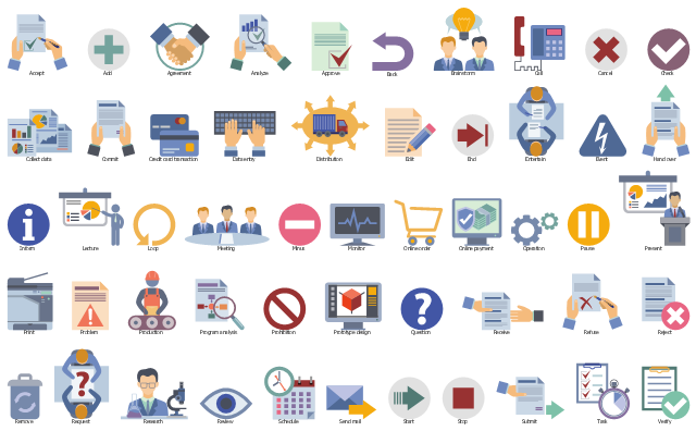 Icon set, verify, truck, task, submit, stop, start, send mail, schedule, review, research, request, remove, waste bin, reject, refuse, receive, question sign, question, prototype design, modeling, prototyping, prohibition, program analysis, production, manufacturing, problem, print, office printer, present, pause, operation, online payment, online order, monitor, minus, meeting, loop, light bulb, lecture, inform, hand over, event, entertain, end, edit, distribution, data entry, keyboard, credit card transaction, commit, collect data, check, cancel, call, brainstorm, back, approve, analyze, agreement, add, accept,