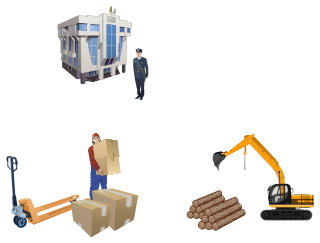 Vector illustration, wood, loading workman, forklift truck, excavator, customs officer, customs office, cardboard, box,