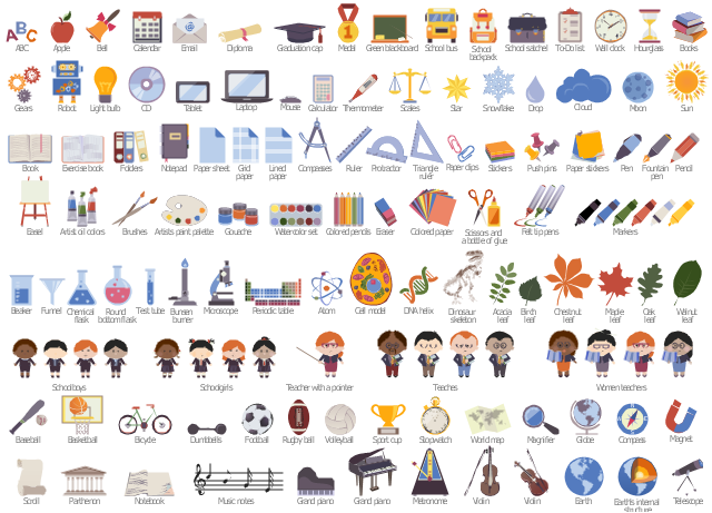 Educational color icons, world map, watercolor set, walnut tree leaf, wall clock, volleyball, violin, violin bow, violin bow, violin, triangle ruler, to-do list, thermometer, test tube, test-tube, telescope, teacher, schoolmarm, teacher pointer, teacher, schoolmarm, teacher, tablet computer, sun, stopwatch, star, sport cup, golden cup, champion cup, winner cup, snowflake, scroll, scissors, glue bottle, schoolgirl, schoolboy, pupil, school satchel, schoolbag, school bag, portfolio, school bus, school backpack, schoolbag, school bag, scales, ruler, rugby ball, rugby league football, American football, round bottom flask, robot, push pins, push pin, protractor, plastic jars with colored gouache, periodic table, pencil, pen, ballpen, ball pen, paper stickers, paper sheet, paper clips, paper clip, open book, oak tree leaf, notepad, notebook, exercise book, drawing block, music notes, musical symbols, music staff, treble clef, mouse, bluetooth notebook mouse, wireless mobile mouse, moon, microscope, metronome, medal with ribbon, marker, maple tree leaf, magnifier, loupe, magnet, u-shaped magnet, horseshoe magnet, lined paper sheet, light bulb, laptop computer, hourglass, grid paper sheet, green blackboard, school board, teacher pointer, chalk, sponge, grand piano, graduation cap, square academic cap, master's cap, globe, gears, funnel, fountain pen, football, folders, paper folder, document folder, felt tip pens, exercise book, notebook, eraser, email, easel, earth's internal structure, earth, dumbbells, drop, dna double helix, diploma, dinosaur skeleton, compasses, compass, colored pencils, colored paper, cloud, chestnut tree leaf, chemical flask, conical flask, cell model, cd, calendar, wall calendars, calculator, bunsen burner, brushes, paintbrush, books, birch tree leaf, bicycle, bell, beaker, basketball, basketball basket, backboard basketball, baseball, baseball bat, baseball, atom, artists paint palette, artist oil colors, arrowed callout, ribbon callout, apple, acacia tree leaf, Parthenon, Athenian Acropolis, ABC,