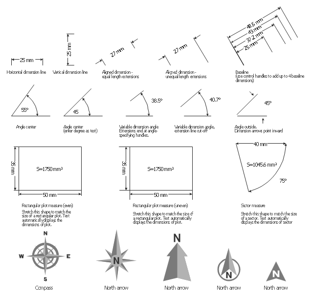 Dimension shapes, north arrow, dimensioning, sector measure, dimensioning, rectangular plot measure, dimensioning, dimension arrows, dimensioning, dimension angle, dimensioning, aligned dimension, dimensioning, compass, baseline, dimensioning,