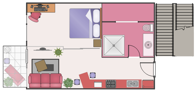 Floor plan, window, casement, water cooler, wall, vanity sink, toilet, square table, table, sofa, sliding glass, sink, shower, sectional chaise lounge, right arm, scissor staircase, round stool, room divider, room, rolling chair, rectangular, blue, rug, rectangular table, table, plant, potted plant, opening, microwave oven, house plant, potted plant, gas range, stretchable, food cooler, flat screen, TV, double bed, door, desktop PC, desktop, desktop computer, bent counter, Georgian conservatory,