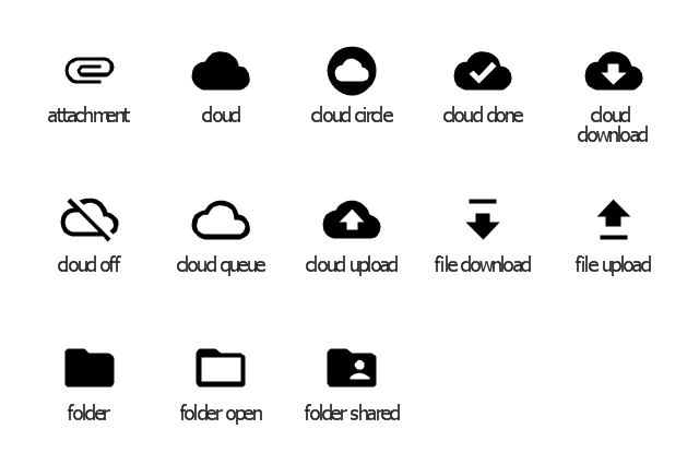 File system icons, folder shared icon, folder open icon, folder icon, file upload icon, file download icon, cloud upload icon, cloud queue icon, cloud off icon, cloud icon, cloud download icon, cloud done icon, cloud circle icon, attachment icon,