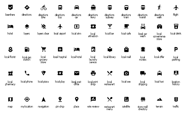 Maps system icons, traffic icon, terrain icon, store mall directory icon, satellite icon, restaurant menu icon, rate review icon, place icon, pin drop icon, navigation icon, my location icon, map icon, location history icon, local taxi icon, local shipping icon, local see icon, local restaurant icon, local print shop icon, local post office icon, local play icon, local pizza icon, local phone icon, local pharmacy icon, local parking icon, local offer icon, local movies icon, local mall icon, local library icon, local laundry service icon, local hotel icon, local hospital icon, local grocery store icon, local gas station icon, local florist icon, local drink icon, local convenience store icon, local car wash icon, local cafe icon, local bar icon, local attraction icon, local atm icon, local airport icon, layers icon, layers clear icon, hotel icon, flight icon, directions walk icon, directions transit icon, directions train icon, directions subway icon, directions icon, directions ferry icon, directions car icon, directions bus icon, directions bike icon, beenhere icon,