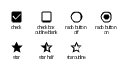 Toggle system icons, star outline icon, star icon, star half icon, radio button on icon, radio button off icon, check box outline blank icon, check box icon,