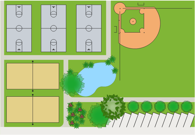 Pitches site plan, volleyball court, succulent, potted plant, parking strip, kidney-shaped pool, pool, deciduous tree, deciduous shrub, corner curb, broadleaf evergreen tree, basketball court, baseball diamonds,