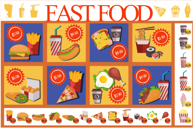 Food court infographic, wrap, sandwich wrap, shawarma, burrito, fajitas, taco, gyro, falafel, sushi, makizushi, nigirizushi, sandwich, popcorn, popping corn, pizza, pizza piece, noodle box, rice noodles, chinese noodles, pasta, ice cream cone, ice cream, hot dog, hotdog, hamburger, burger, beef burger, hamburger sandwich, hamburg, cheeseburger, grilled chicken leg, fried egg, french fries, chips, hot chips, finger chips, fries, steak fries, wedges, potato wedges, frites, french-fried potatoes, cola, carbonated soft drink, coffee, coffee cup, disposable cup, chicken nuggets,