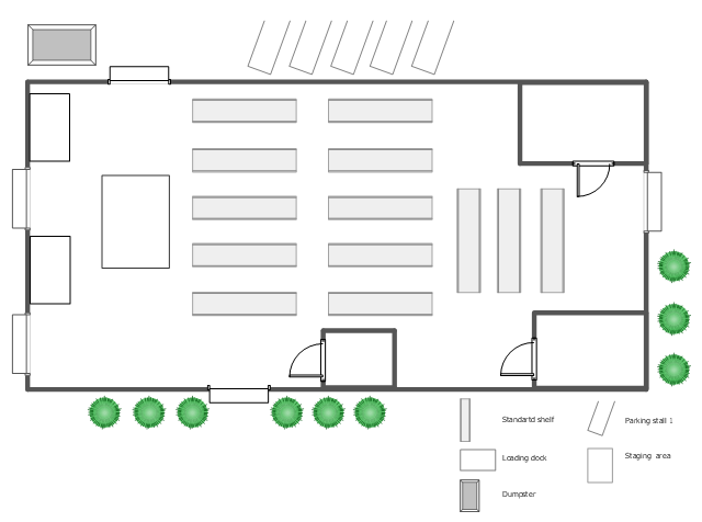 Floor plan, standard shelf, room, parking stall, overhead door, loading dock, dumpster, door, conifer shrub,