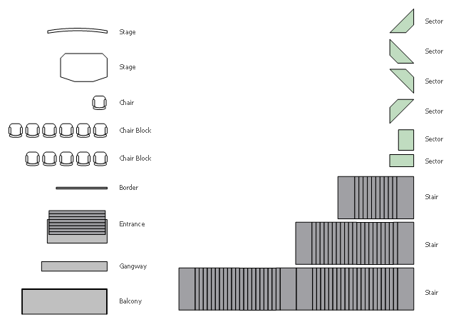 Seating plan shapes, stair, stage, sector, gangway, entrance, chair block, chair, border , balcony ,
