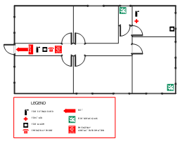 Fire escape plan, window, wall, left arrow, first aid, fire extinguisher, fire alarm, emergency phone, emergency contact information, door, E008 break to obtain access, ISO 7010 safe condition signs,