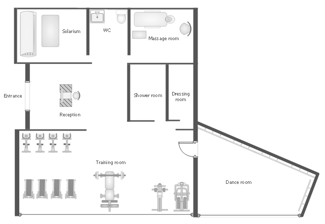 Health club floor plan, window, casement, weight bench, wall, upright bicycle, treadmill, toilet, tanning bed, stair stepper, single, style station, rowing machine, opening, mat, massage table, door, chair, basin, ballet bar,