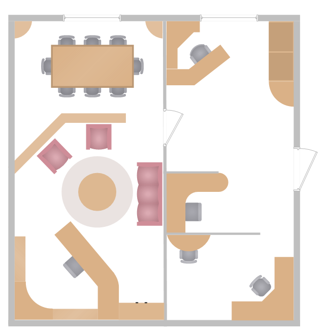 Office layout plan, work surface, work peninsula, window, casement, wall, storage unit, side chair, without arms, round table, table, round corner, lounge chair, extended radius surface, radius surface, door, couch, corner surface, corner cut out surface, chair, rectangular table, table, chair with arms, chair, bookcase, bent surface, 45 degree table,