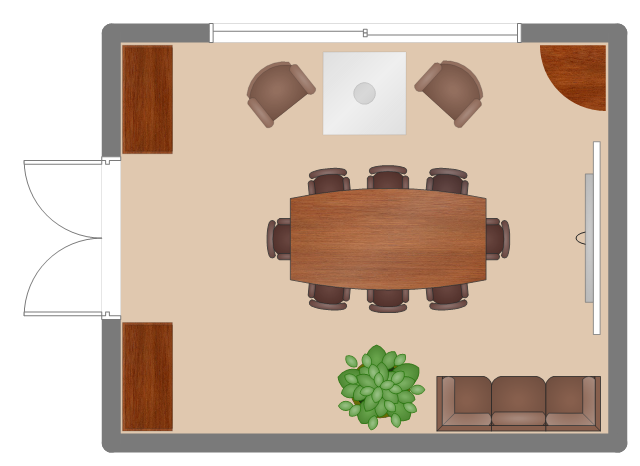 Layout plan, screen, round corner, room, reception sofa, plant, potted plant, office table, boat shaped, glider window, glass square table, glass table, double door, desk chair, chair with arms, chair, bookcase, backboard,