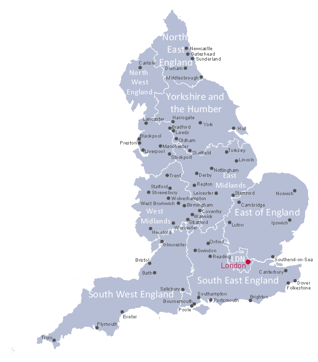 English regions map, Yorkshire and the Humber, West Midlands, South West England, South East England, North West England, North East England, Greater London, England regions and cities, England, East of England, East Midlands,