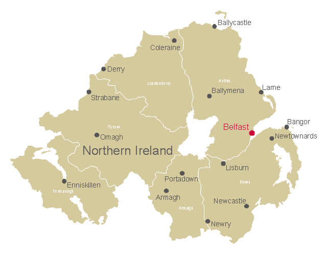 Northern Ireland counties map, Tyrone, Northern Ireland counties and towns, Londonderry, Fermanagh, Down, Armagh, Antrim,