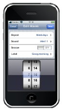 iPhone GUI, switch control, status bar, screen, navigation bar, iPhone, grouped list, list, date and time picker, control button,