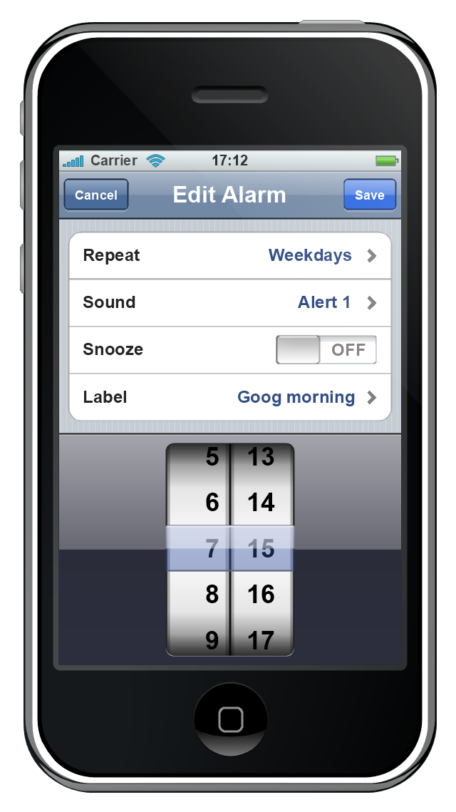 iPhone GUI, switch control, status bar, screen, navigation bar, iPhone, grouped list, list, date and time picker, control button,
