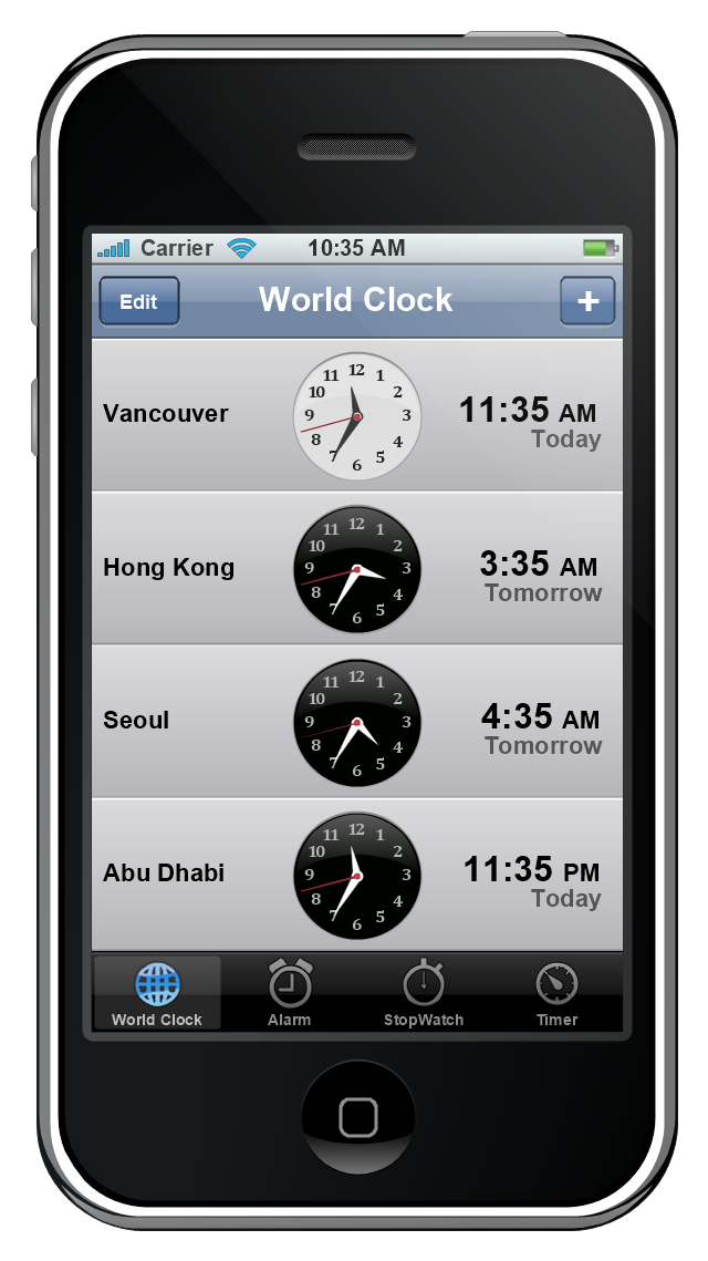 iPhone GUI, world clock, clock, timer, clock, tab bar, stopwatch, clock, status bar, plus button, navigation bar, iPhone, control button, clock, alarm, clock,