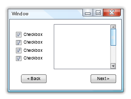 Windows GUI template, window, vertical scrollbar, field, check box group, button,