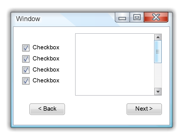 Windows GUI template, window, field, check box group, button, button, vertical scrollbar