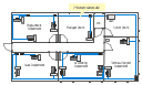 Ethernet LAN layout floorplan, window, wall, single outlet, scanner, router, rack mount, printer, duplex outlet, door, bus cable, PC,