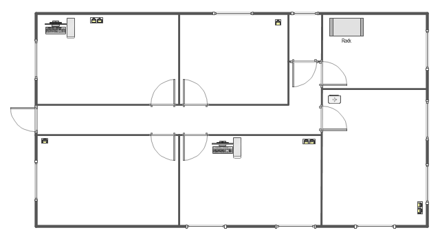 LAN equipment and cabling layout floorplan template, window, wall, single outlet, router, rack mount, duplex outlet, door, PC,