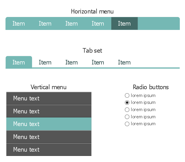 Navigation elements, vertical menu, tab set, tab bar, radio buttons, radio button, horizontal menu,