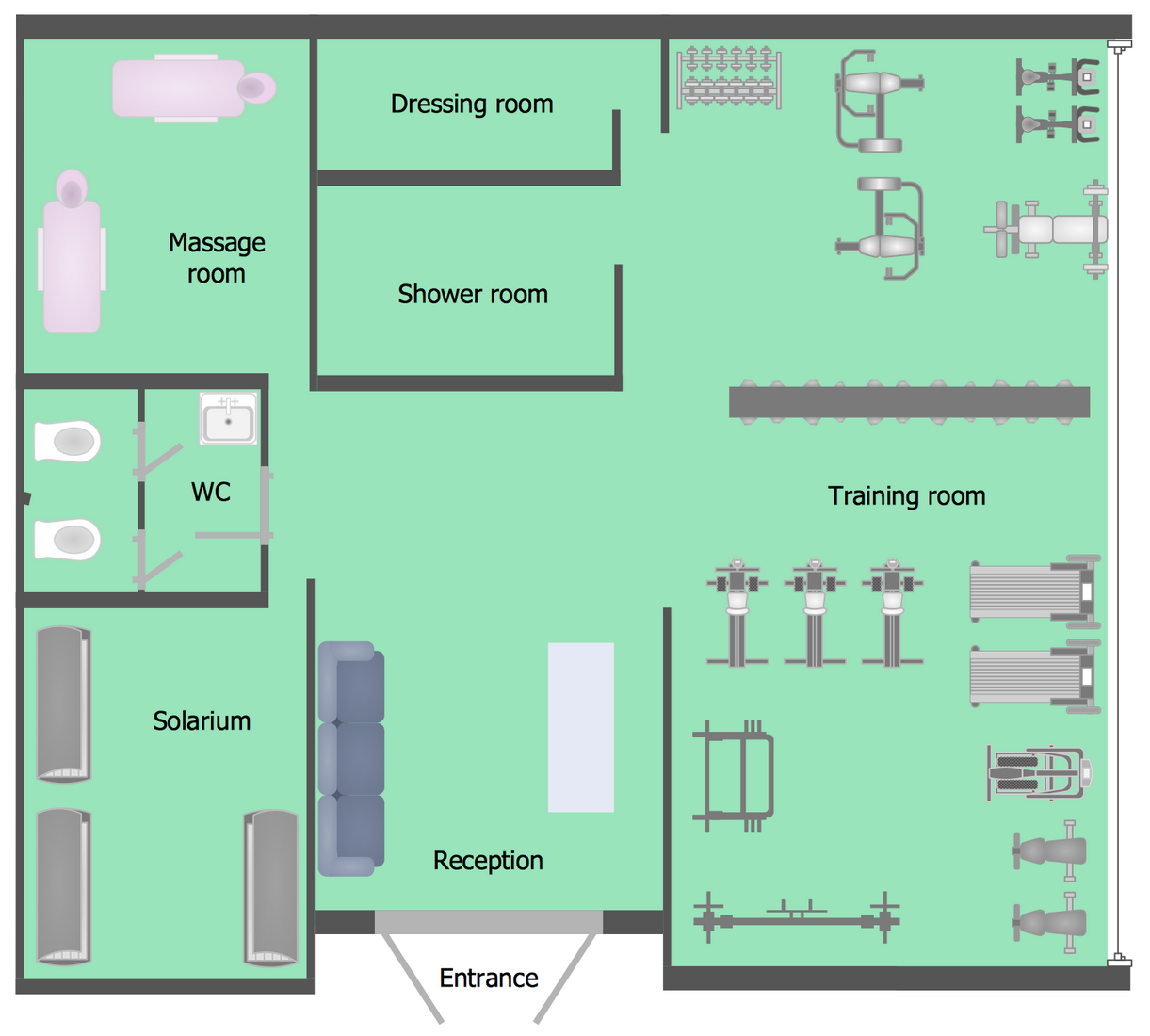 Gymnasium Floor Plans Dimensions  Gym  and Spa Area Plans  Solution ConceptDraw com