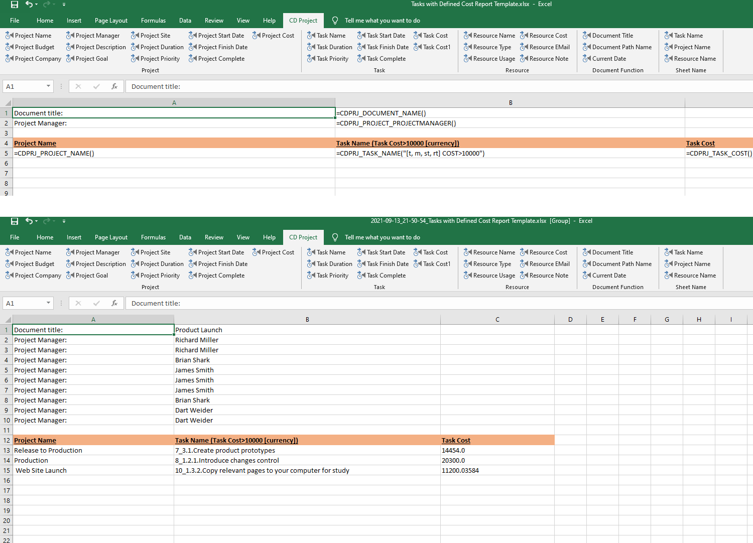 Tasks with Defined Cost Report Template